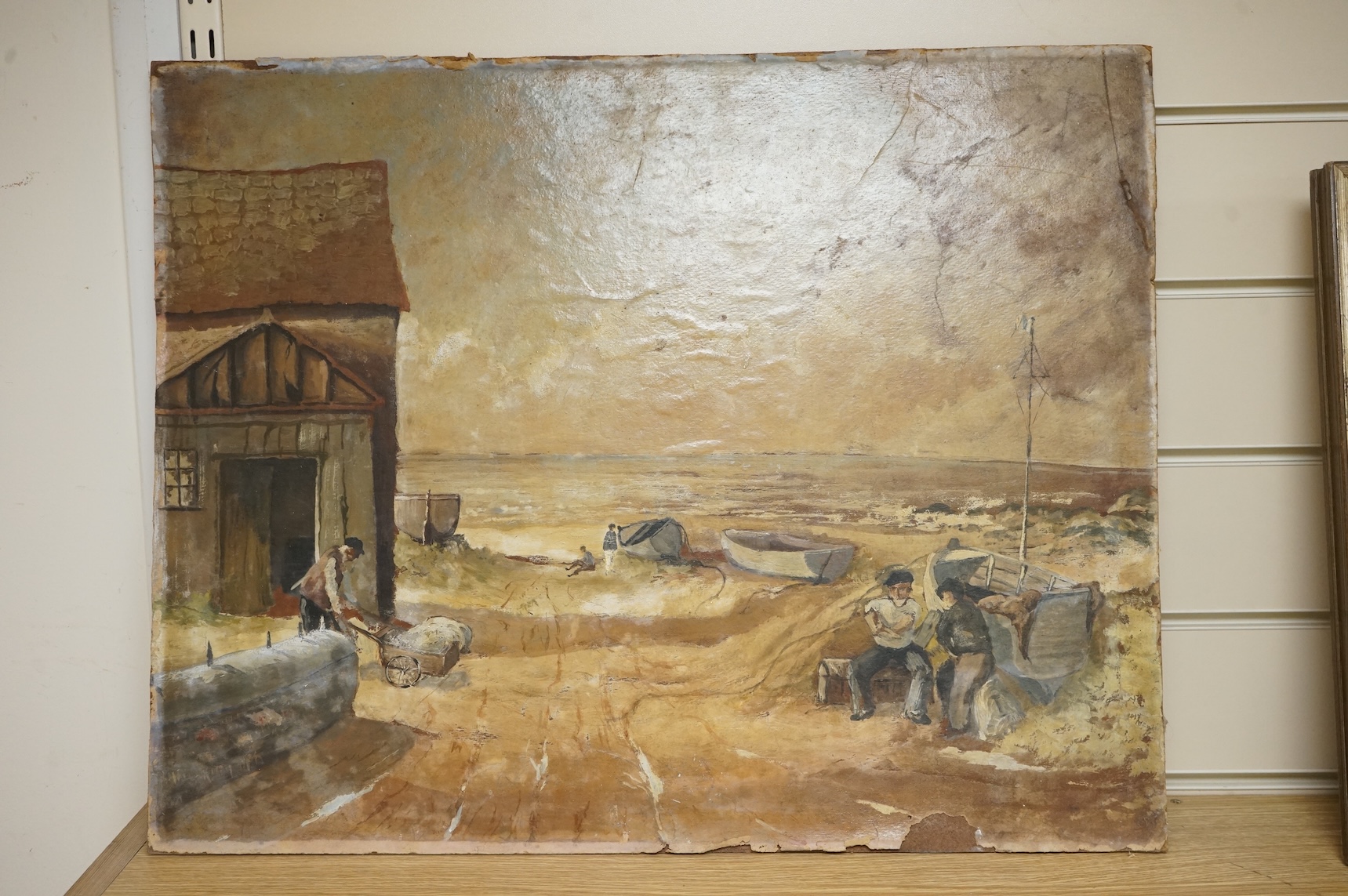 Naïve Cornish school, oil on board, coastal view with fishermen and boats, unsigned, unframed, 45 x 58cm
